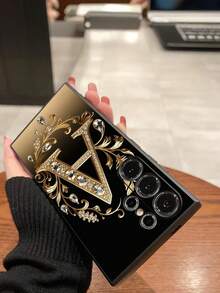 A-Letter Rhinestone Floral Pattern Phone Case, Black TPU Soft Protective Cover, Compatible With Huawei Honor, Galaxy, International Version,  Not The Domestic Version - Black - View 7