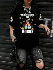 青少年男女趣味游戏印花短袖T恤，柔软亲肤，夏季时尚 - 黑色 - 查看 7