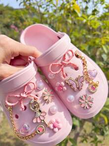 16pcs DIY Hollow Wooden Clogs Accessories, Pink Sequin Rhinestone Angel, Butterfly, Flower, Heart Shape Chain Shoe Charms Decorations, Suitable For Mules, Slides, Garden Shoes, Beach Bags, Removable Ornaments, Holiday Gifts, All Season