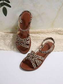 女士新款圆头套脚平底拖鞋，简约搭扣平底凉鞋，时尚简约平底凉鞋，舒适休闲旅行沙滩鞋，有白色、棕色、黑色、豹纹、碎花图案可选，适合夏季穿搭 - 彩色 - 查看 5