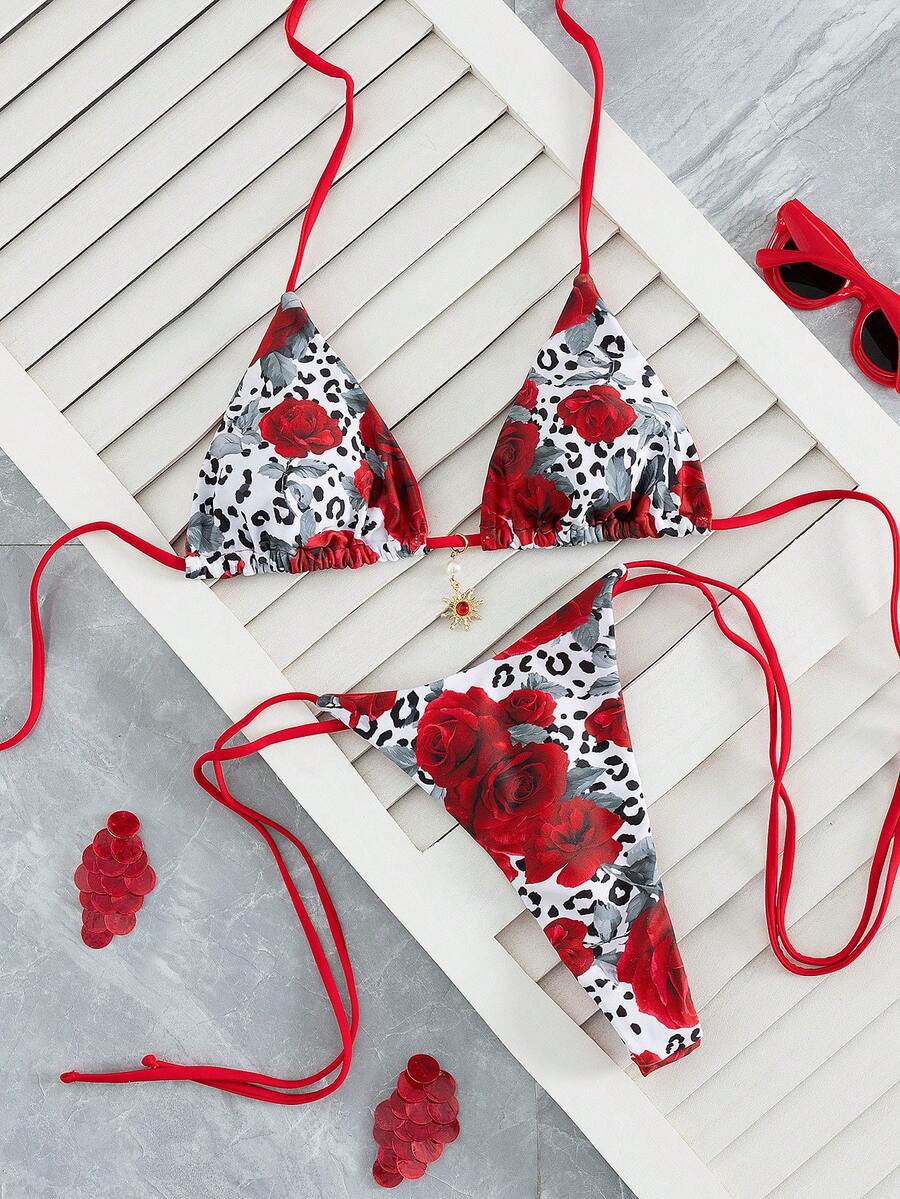 Bộ bikini dây mảnh hở lưng gợi cảm họa tiết hoa hồng và da báo, đồ bơi nữ co giãn cao, buộc dây bên hông. - Đỏ - Xem 1
