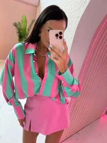 Women's Fashionable Polyester Collared Shirt, Button Front, Striking Striped Pattern, Long Sleeve, Regular Length