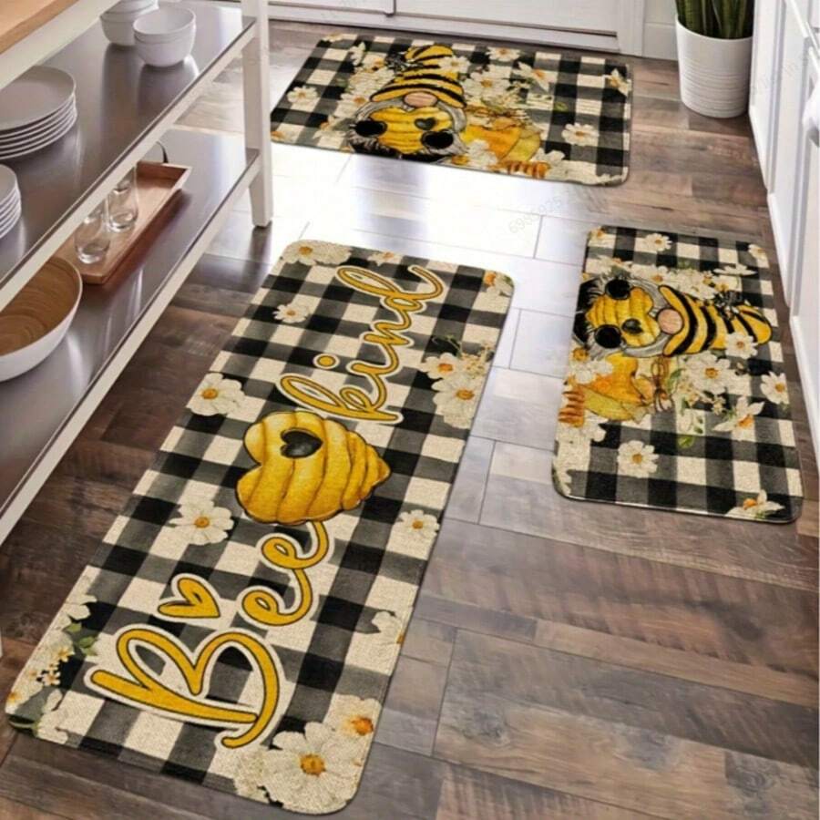 3pcs Bee Themed Home Kitchen Decor Mats, Buffalo Plaid Floor Mat, Absorbent Kitchen Rug, 100% Polyester Machine Washable, Entryway, Kitchen, Living Room, Bedroom, Bathroom Absorbent Floor Mat