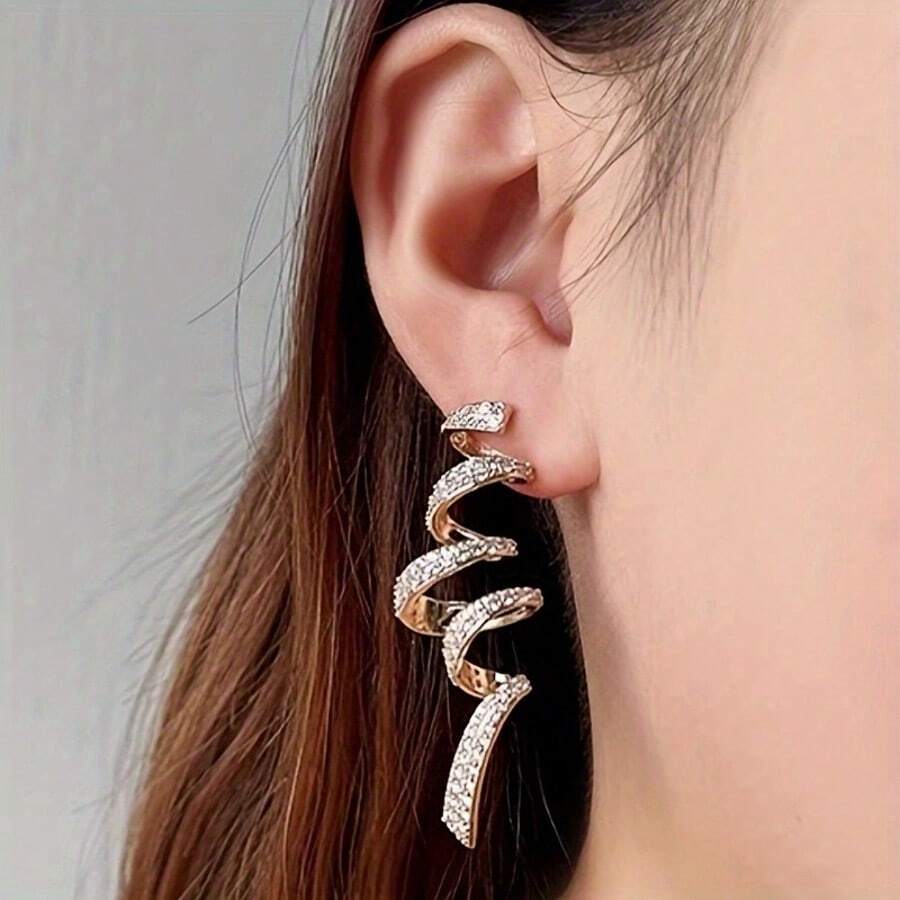 Personalized Ribbon Earrings, Creative Design Exaggerated Fashion Luxury Rhinestone Earrings, Retro Bow Gemstone Earrings, Vortex Wave Zirconia Stud Earrings - Gold - View 1