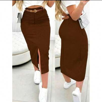 Saia midi alfaiataria com bolso frontal+cinto Elegante e versatil  Simples    Casual    Bolso  Zíper  Dividido    Escritório