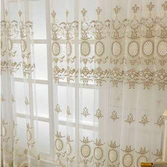 1pc Ivory Gilded Palace Embroidered Sheer Curtain, Provides Privacy, 3D Embroidered Patterns Add Luxurious Feel, Flowing And Graceful, Instantly Adds Vintage Elegant Ambiance To Bedroom, Living Room, Dining Room