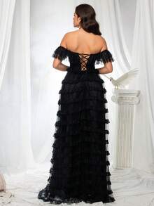VIPGIRL Robe de soirée noire à épaules dénudées en maille pour femmes - Noir - Voir 6