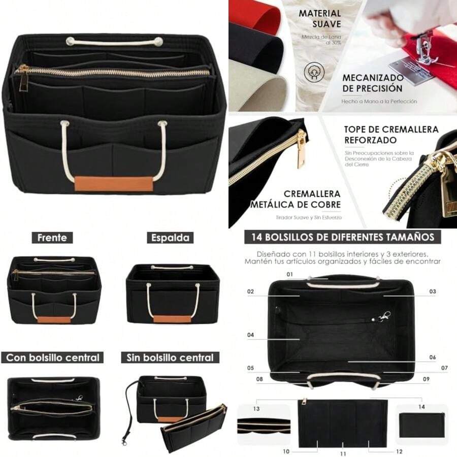 Lukovee Organizador de Bolsas para Mujer, inserto Organizadores de Bolsa de Mano de Fieltro con 14 Bolsillos, Organizador Maquillaje Neceser Aseo para Viaje, Compatible con una Variedad de Marcas(Negro(Nuevo)) - Multicolor - Ver 1