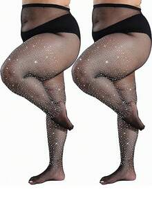 2pcs Plus Size Women's Rhinestone Embellished Black Fishnet Tights, Stretchy Skinny Mesh Stockings, Shiny Clubwear, Goth Style, Versatile For All Seasons - Black - View 2