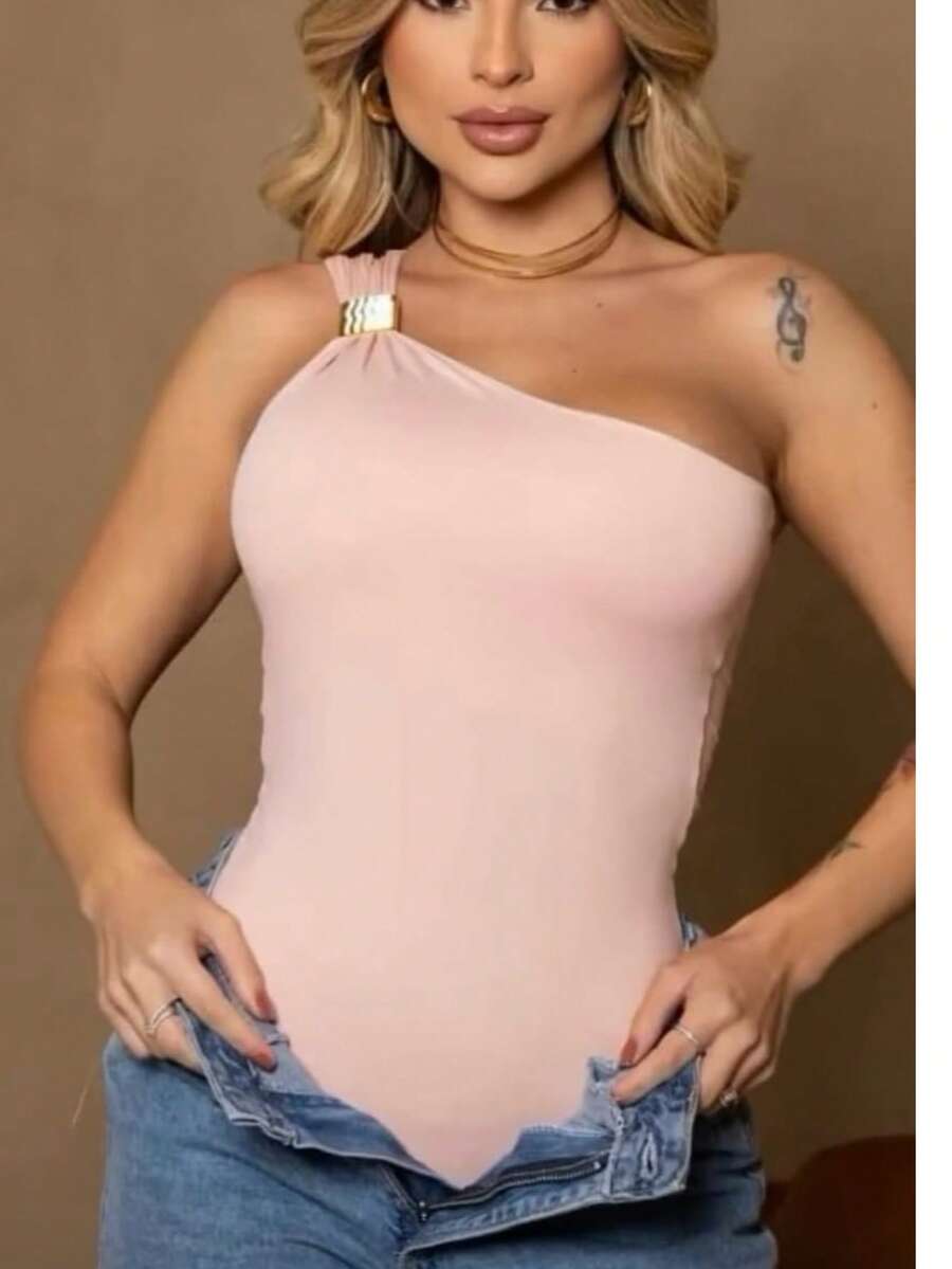Bodysuit With Sleeveless Design, Buckle With Padding, Sensual, Simple, Casual, Elegant, Asymmetrical, Summer Style. - 淺粉色 - 查看 1