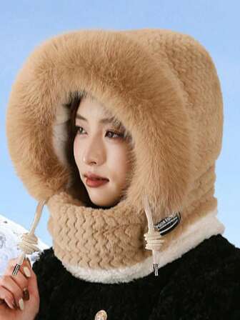 1pc Women Winter Knit Hat With Scarf & Face Mask, Windproof Warm Fleece Ear Muff Ski Cap For Outdoor Activities