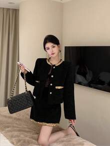 女士优雅亮片拼接长袖单排扣外套和中长裙套装，秋季 - 黑色 - 查看 7