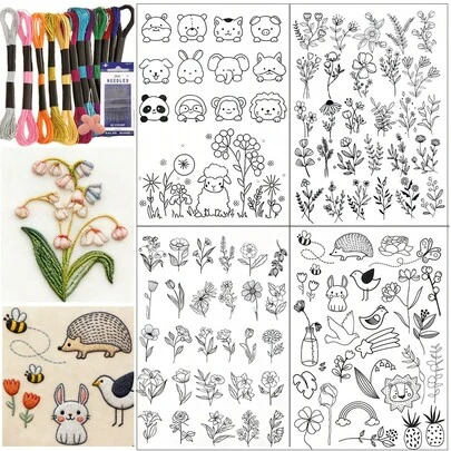 Water-Soluble Floral & Animal Pre-Printed Embroidery Stabilizer Paper, Self-Adhesive Non-Woven Embroidery Pattern Sticker, Clothing Embroidery Transfer Sticker