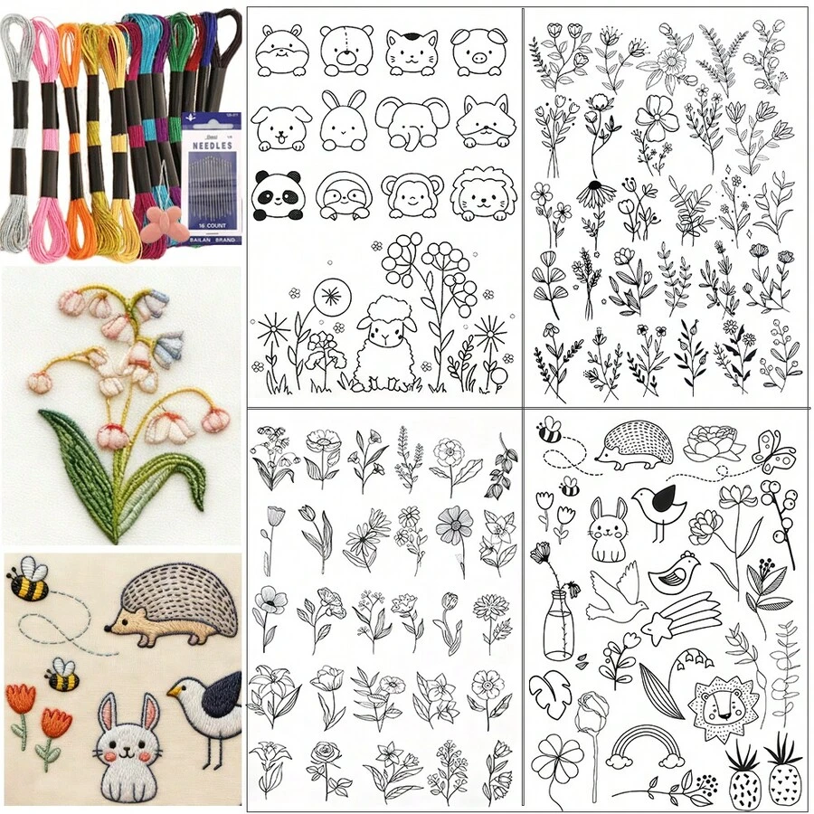 Water-Soluble Embroidery Stabilizer Pre-Printed Paper With Floral, Plant And Animal Patterns, Self-Adhesive Non-Woven Embroidery Pattern Stickers, Clothing Embroidery Transfer Stickers - Black and White - View 1