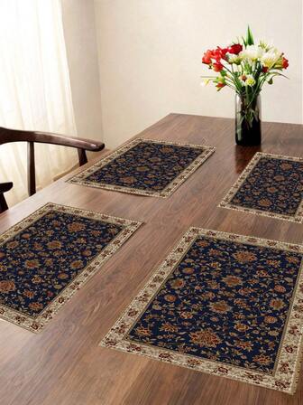 4 piezas Manteles individuales clásicos de patrón barroco con diseño floral de damasco azul marino y dorado para la mesa de cena formal del Ramadán Iftar