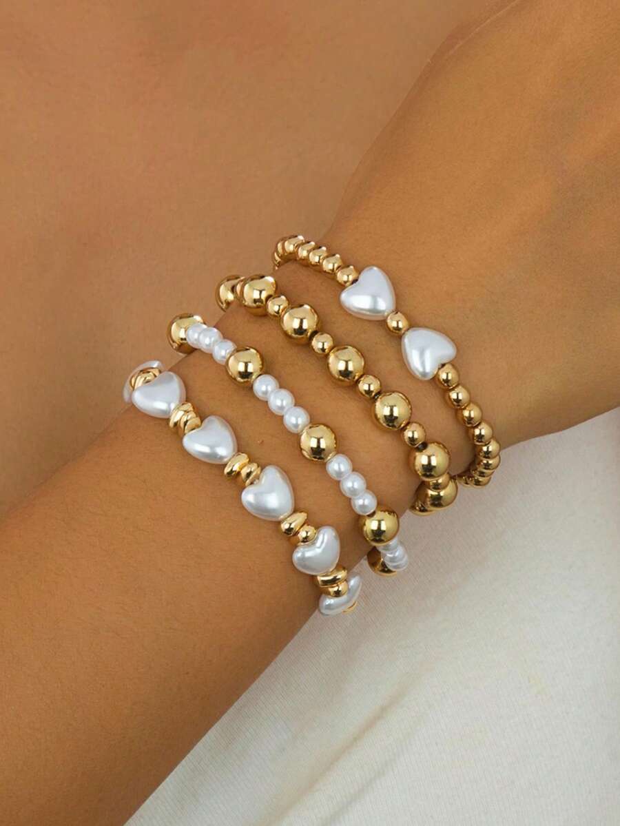 Set de 4 piezas de pulseras elegantes y versátiles con diseño de lazo, perlas falsas y cuentas doradas con forma de corazón, un regalo dulce y elegante para cumpleaños, vacaciones, uso diario, fiestas y festivales - 4 - Ver 1