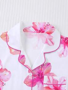 Marira 2pcs/Set Women's Sleepwear Set, Hawaiian Floral Print, Soft Fabric, Short Sleeve Shirt Collar Button-Up Top And Elastic Shorts, Stylish Outfit For Outdoor, Party, Holiday, Casual All Season Home & Lounge Wear - 白色 - 查看 3