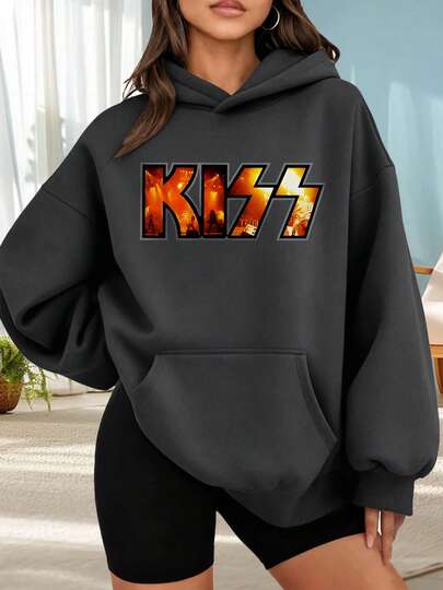 Suéter de moda con capucha al aire libre para mujeres Sudadera con capucha negra con estampado de la banda KISS diseño en llamas ideal para uso diario salidas informales y temporada de otoño invierno,Combinar  de citas fuera de casa, regalos de vacaciones La mejor opción para salir a una cita