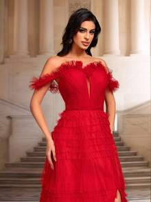VIPGIRL Elegant Cake Skirt Long Women's Evening Gown - Red - View 5