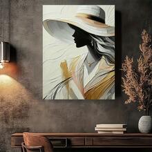 Impresión de arte abstracto de una sola pieza plana 2D, elegante dama con sombrero - Retro moderno, dorado, marrón, verde, rosa, naranja, rojo, morado - Decoración de pared en lienzo con marco de madera - Multicolor - Ver 6