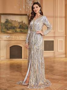 女士V领长袖亮片斑马纹优雅派对连衣裙，配可拆卸腰带 - 米色 - 查看 6