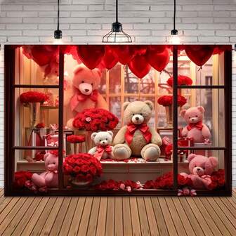 1pc Valentine's Day Photography Backdrop With Red Rose, Heart, Brick Wall, Teddy Bear, Suitable For Store, Wedding, Bride, Gift, Photo Studio, Party Decoration, Banner