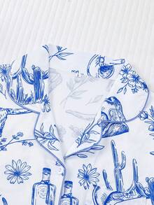 2pcs Women Pajama Set, Western Pattern Print, Ladies Homewear, Spring/Summer Holiday Outfit, Short Sleeve Lapel Top And Shorts Lounge Set - White - View 3