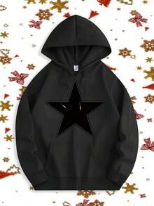 Sudadera con Capucha de Estampado de Estrella Negra para Hombre - Suave Felpa con Letras Blancas, Calidez Casual para Todas las Estaciones, Lavable a Máquina, Regalo de Navidad y Halloween para Adolescentes y Adultos, Ropa Unisex para Exteriores - Negro - Ver 6