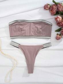 Women's Underwear Set With Metallic Thread Design And Strapless Bandeau & G-String Style - Dusty Pink - View 5