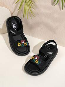 1双休闲百搭小熊图案魔术贴凉鞋，软底防滑，新款儿童/小学生露趾凉鞋，易于清洁 - 黑色 - 查看 2