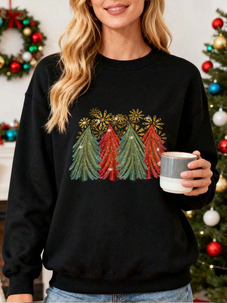 Sudadera para Mujer con Estampado de Árboles de Navidad, Ideal para Fiestas y Regalos, Estilo Festivo y Brillante, Suave y Cómoda para el Invierno, Look de Navidad para Mujeres, Perfecta para Celebraciones Navideñas y Días de Invierno - Negro - Ver 1