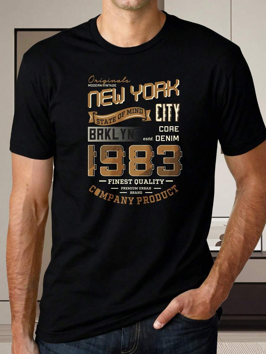 Men's Fashion T-Shirt, Black Short Sleeve T-Shirt With New York City 1983 Print, Original Denim For Men, Ideal For Daily Wear, Casual Outings, And Modern Urban Style, Perfect For Dates, Holiday Gifts - 黑色 - 查看 1