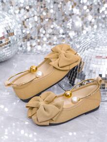 1 Pair Brown Fabric Bow Decor Soft Fabric Flat Loafers, Dual-Tone Large Pearl Metal Decor Minimalist Design, TPR Sole Round Toe Casual Slip-On Shoes Suitable For 3-12 Years Old Female Students For Daily, Casual, Holiday, Campus Wear, Spring/Summer New Arrival - Brown - View 7