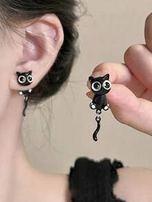 1 par de pendientes únicos con diseño de oreja y cola de gato negro de dibujos animados, ideales para universidad, fiesta, hip-hop - Negro - Ver 1