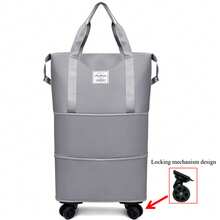 1个大容量可折叠旅行收纳袋，耐用尼龙材质，黑色，多功能便携，带轮子，适合户外旅行，符合飞机头顶行李舱的要求。