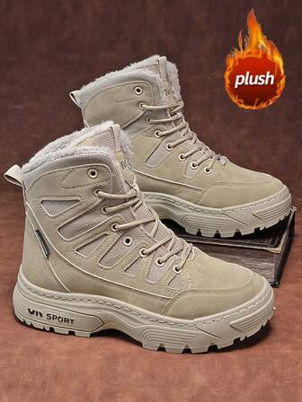Men's Snow Boots, Thermal Lined, Thick For Autumn/Winter, Fashion Versatile High-Top Mid-Calf, Anti-Slip, Cold-Resistant, Lace-Up Design, Fluffy Lining For Warmth, Suitable For Outdoor, Skiing, Sports Training, Leather & Mesh Patchwork Dark-Colored Durable Workwear Boots