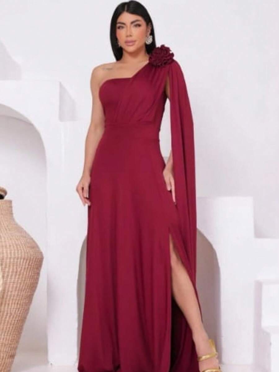 Women's Long Party Dress, One Shoulder, Draped With Slit – Elegant Fluit Fabric For Bridesmaids, Weddings, And Graduations – One Size Fits All. Elegant Asymmetrical Party Dress For Weddings. - 紅木色 - 查看 1