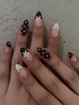 24pcs/Set Y2K French Almond-Shaped Retro Bicolor Polka Dot & Star 3D Rhinestone Decorated Full Cover Press-On Fake Nails, Suitable For Ladies & Girls Party, Date, Vacation