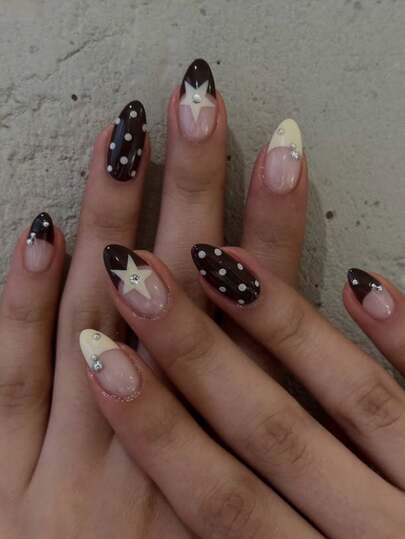 24pcs/Set Y2K French Almond-Shaped Retro Bicolor Polka Dot & Star 3D Rhinestone Decorated Full Cover Press-On Fake Nails, Suitable For Ladies & Girls Party, Date, Vacation Nail Supplies