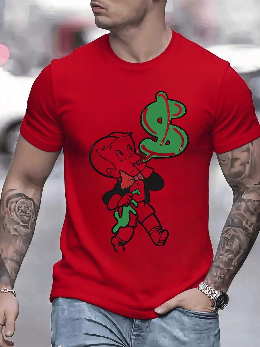 Cartoon Boy In Smart Suit Holds A Green Balloon In The Shape Of A Dollar Sign Conveying A Message Of Success, Ambition And Prosperity. Men's Sports T-Shirt, 100% Cotton, 220g - 紅色 - 查看 1