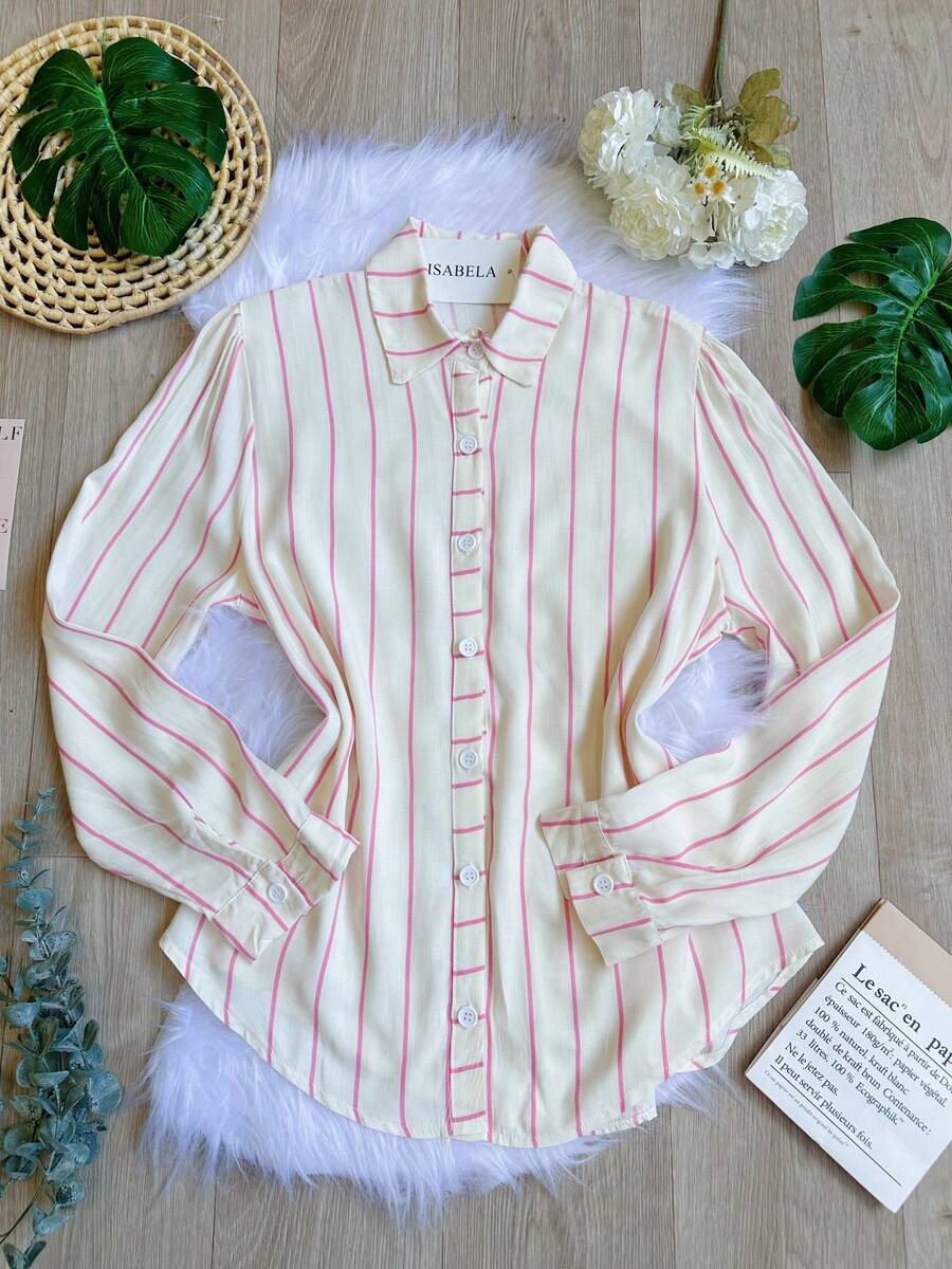 Women's Striped Button-Down Shirt, Casual, SP028 - 粉色 - 查看 1