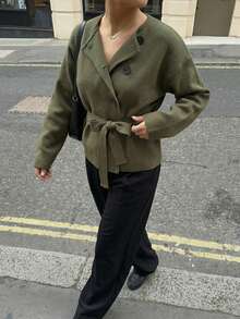 Women's Fashionable Belted Knit Cropped Casual Long Sleeve Cardigan, Autumn/Winter - Army Green - View 8