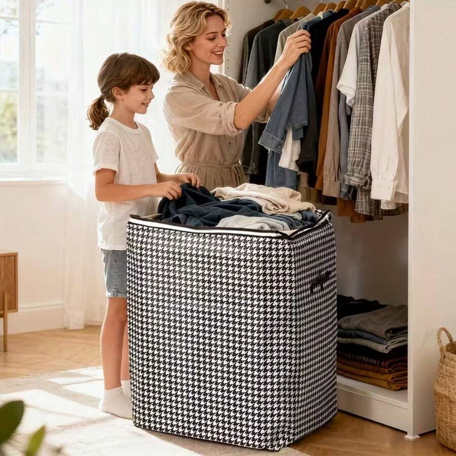 3pcs Set Of Extra Large 47.55 Gallon Checkered Cloth Lightweight Storage Box For Household Large Capacity Clothing And Bedding Storage Bucket, Dustproof And Moisture-Proof Bag, Double Zipper With Handle Storage Box, Ideal Storage Basket For Moving A, Under-Bed Storage,The Material Is Lightweight, Easy To Carry, And Foldable - 格子-3pc - 查看 1