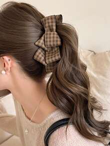 1个优雅棕色格子多层蝴蝶结发夹，复古扭结香蕉发饰，适合日常、休闲、派对、工作、度假、洗脸、化妆、搭配服装，可作发夹、发卡、发夹、头饰、女士发饰。