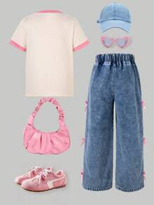 Toddler Girls' Contrast Cuff Short Sleeve Top And Bow Denim Pants - Apricot - View 3