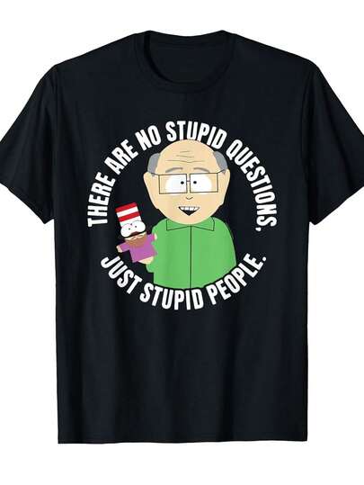 No Stupid Questions Mr. Garrison Graphic T-Shirt - Funny Cartoon Tee For Adults, Unisex 100% Cotton Short Sleeve Shirt With Mr. Garrison & Cartman Design, Casual Wear, Great Gift For Fans, Fan Merchandise, Pop Culture Apparel, Vintage Print, Humorous Design, Breathable Material, Soft Fabric, Printed Top, Tv Show Merch, Comedy Lovers