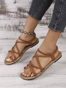 女士手工编织平底交叉绑带凉鞋，厚实柔软的鞋底，纯色波西米亚休闲时尚度假风PU皮革交叉绑带平底凉鞋，夏季沙滩 - 棕色 - 查看 3
