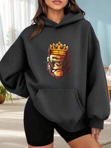 Suéter de moda con capucha al aire libre para mujeres Sudadera con capucha negra con estampado de mono con corona dorada para mujer estilo casual y urbano Combinar  de citas fuera de casa, regalos de vacaciones - Gris Oscuro - Ver 1