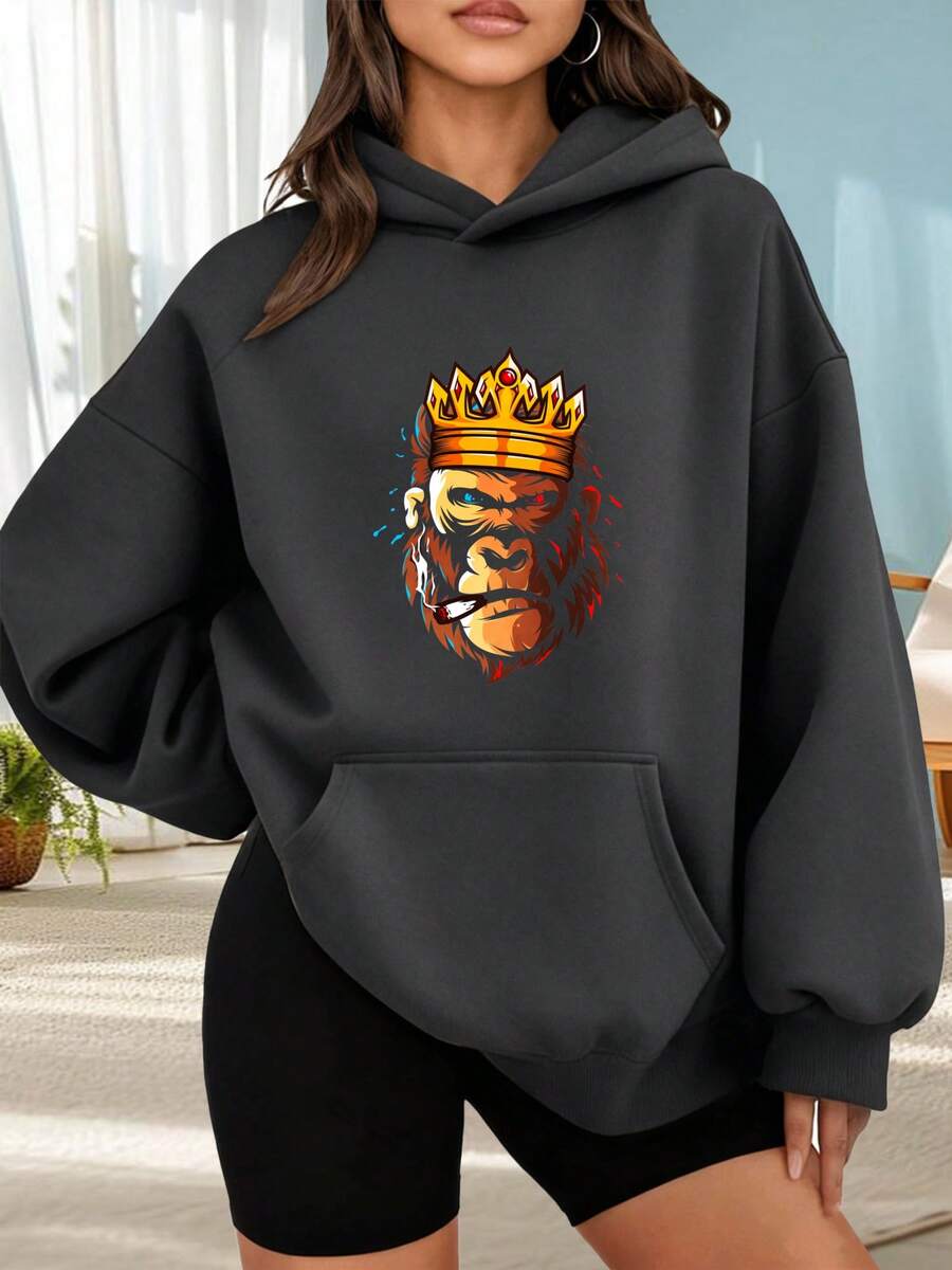 Suéter de moda con capucha al aire libre para mujeres Sudadera con capucha negra con estampado de mono con corona dorada para mujer estilo casual y urbano Combinar  de citas fuera de casa, regalos de vacaciones - Gris Oscuro - Ver 1