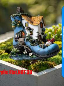 1pc 2D Acrylic Decorative Garden , Displaying A Whimsical Boot House With Vibrant Ivy And Gnomes, Perfect To Add Charm And Personalized To Your Garden And Planters, Enhancing Outdoor Decor Signage
